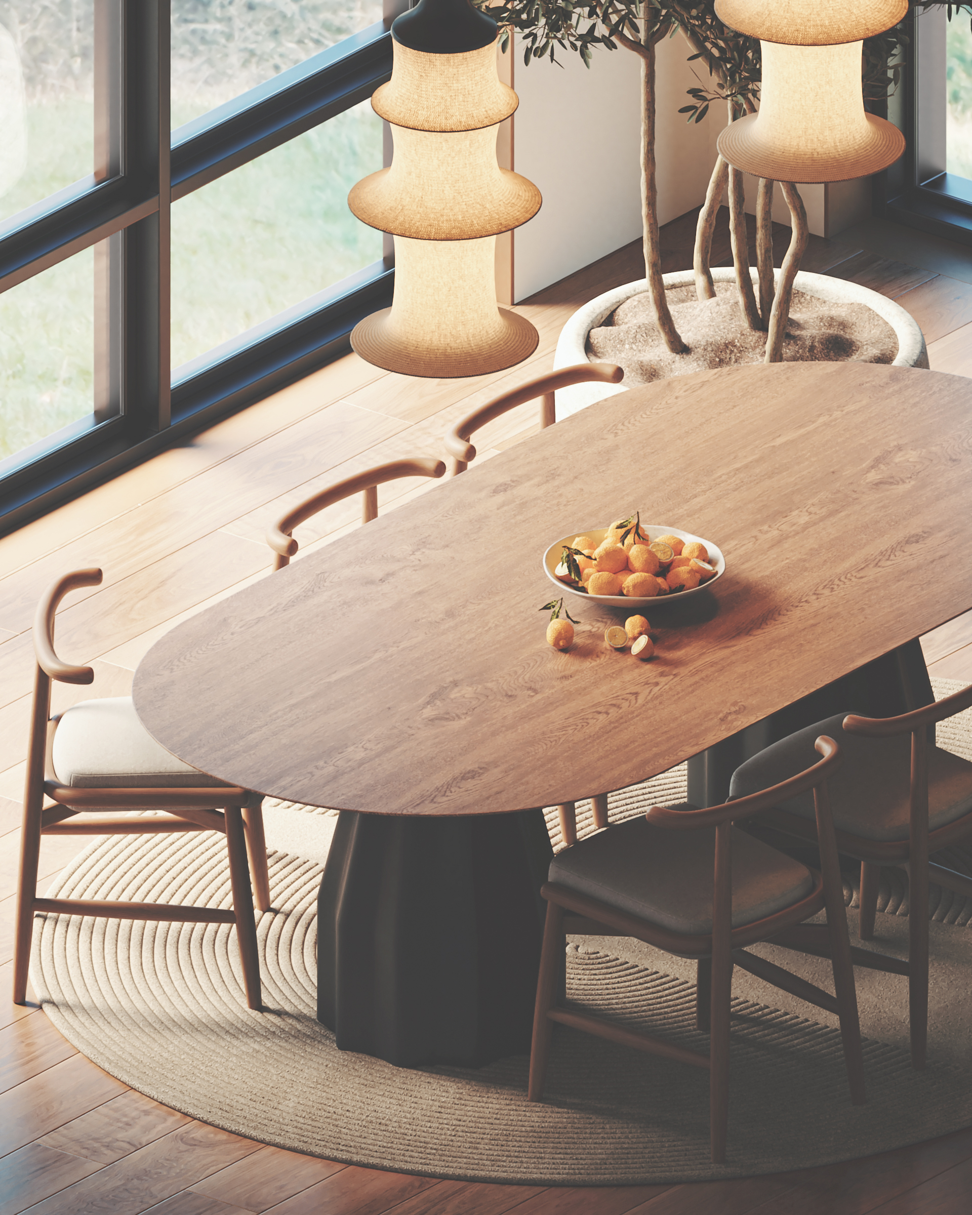 Render fotorrealista de comedor orgánico con mesa ovalada de madera y lámparas escultóricas escalonadas